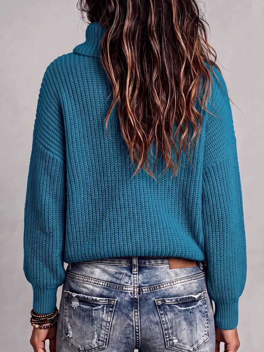 Wilhelmina Rib Knit Turtleneck Drop Shoulder Pullover Sweater - Bold Plum