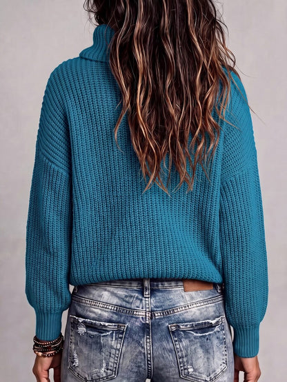 Wilhelmina Rib Knit Turtleneck Drop Shoulder Pullover Sweater - Bold Plum