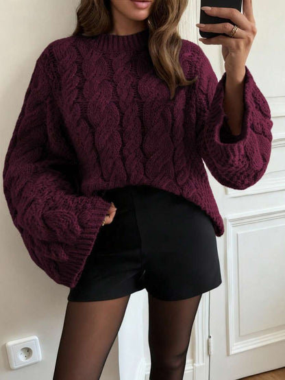 Ondine Oversized Cable Knit Sweater with Wide Bell Sleeves - Burgundy