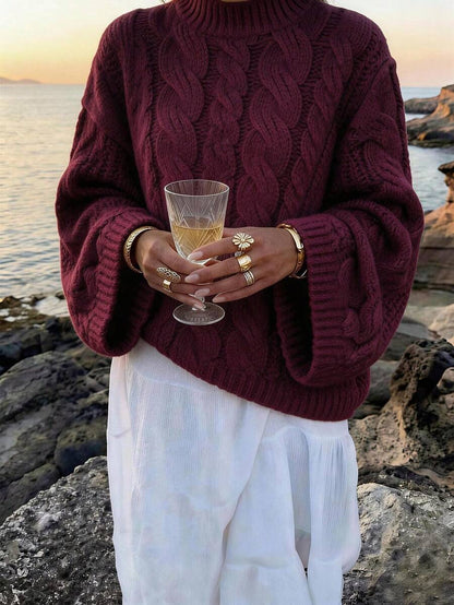 Ondine Oversized Cable Knit Sweater with Wide Bell Sleeves - Burgundy
