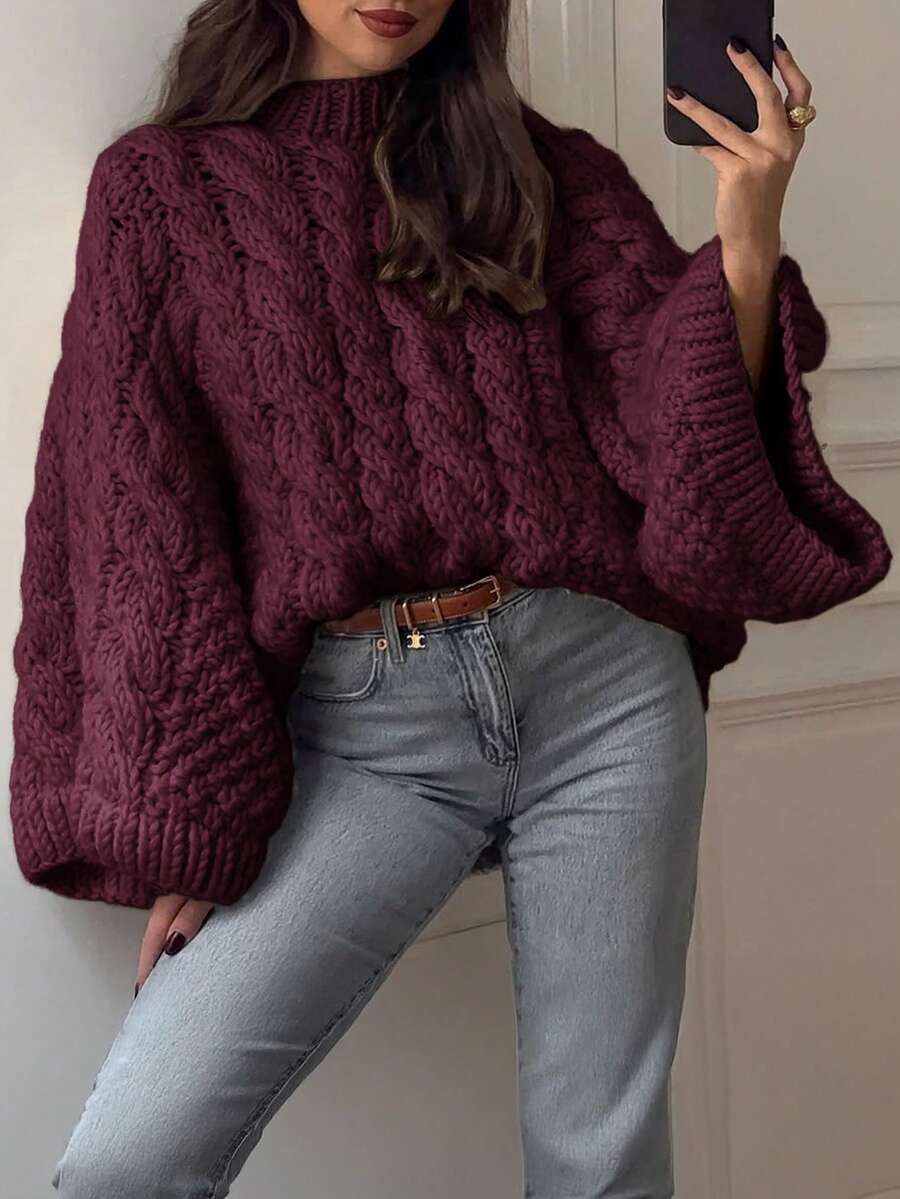 Ondine Oversized Cable Knit Sweater with Wide Bell Sleeves - Burgundy