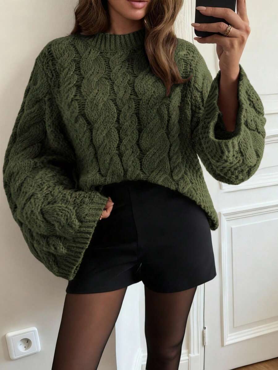 Ondine Oversized Cable Knit Sweater with Wide Bell Sleeves - Olive