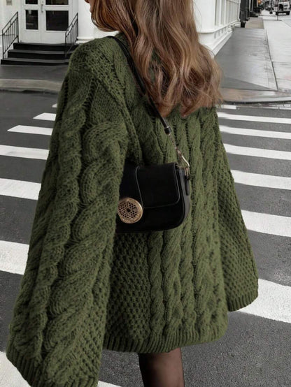 Ondine Oversized Cable Knit Sweater with Wide Bell Sleeves - Olive
