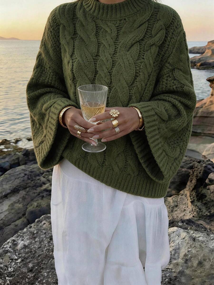 Ondine Oversized Cable Knit Sweater with Wide Bell Sleeves - Olive