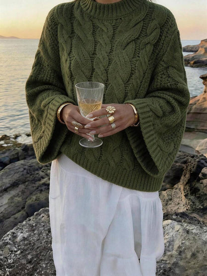 Ondine Oversized Cable Knit Sweater with Wide Bell Sleeves - Olive