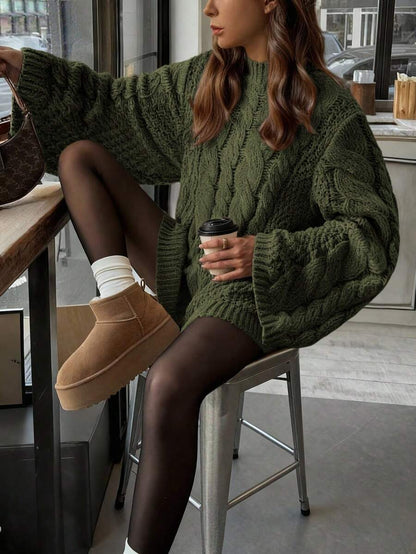 Ondine Oversized Cable Knit Sweater with Wide Bell Sleeves - Olive