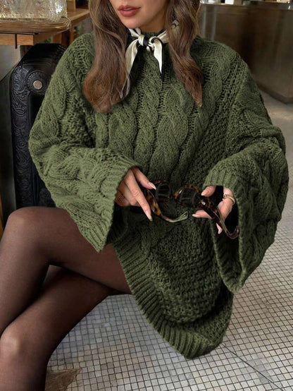 Ondine Oversized Cable Knit Sweater with Wide Bell Sleeves - Olive