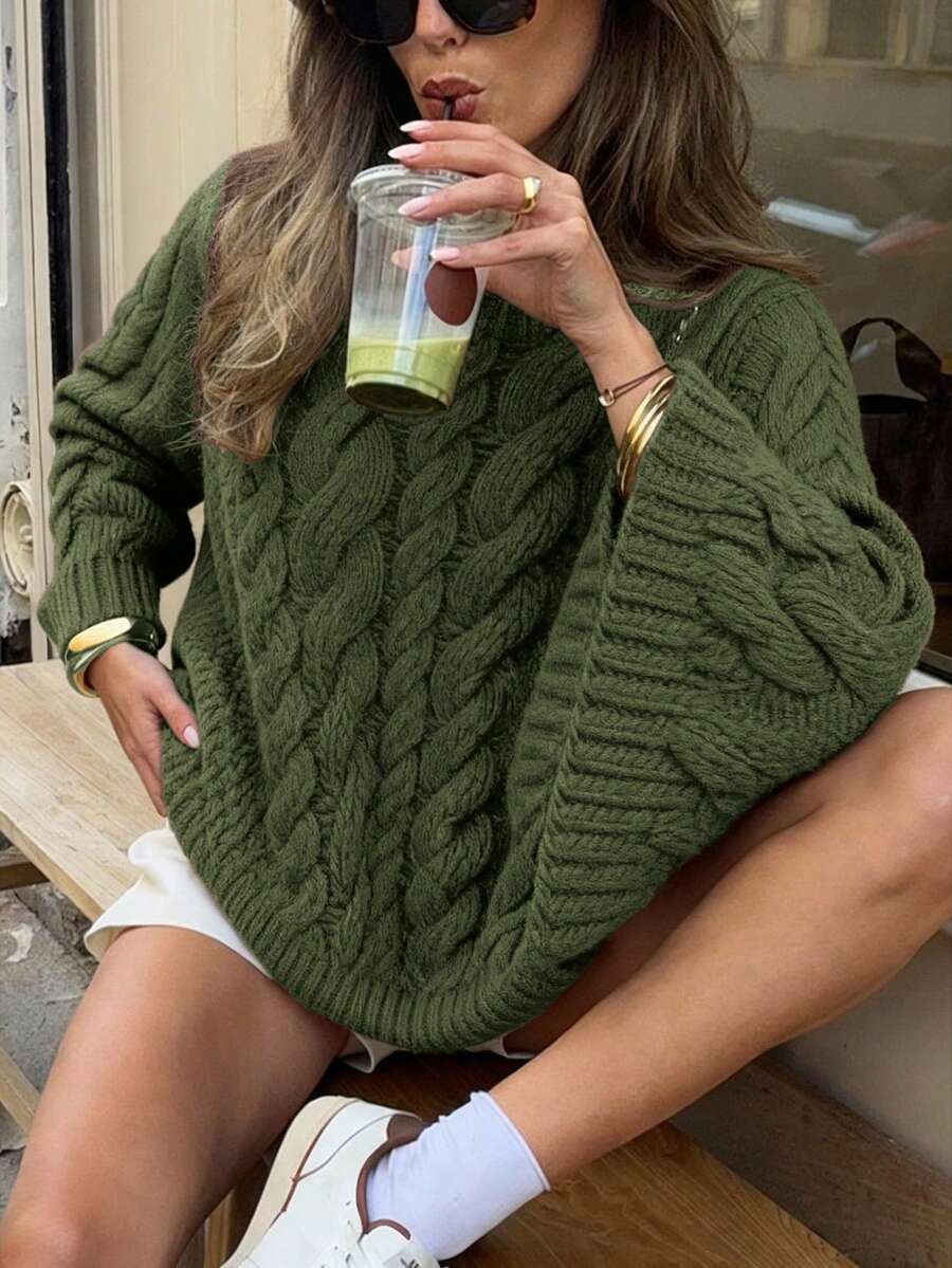 Ondine Oversized Cable Knit Sweater with Wide Bell Sleeves - Olive