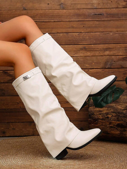 Women's Pleated Loose Boots, Fashion Thick High Heel Pointed Toe Knee-High Dress Boots, Punk Pleated Brown Boots Suitable For Daily, Festival, Versatile,Cowboy Boots Mensa