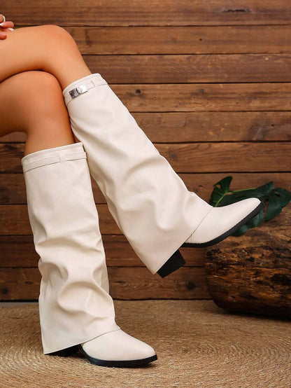 Women's Pleated Loose Boots, Fashion Thick High Heel Pointed Toe Knee-High Dress Boots, Punk Pleated Brown Boots Suitable For Daily, Festival, Versatile,Cowboy Boots Mensa