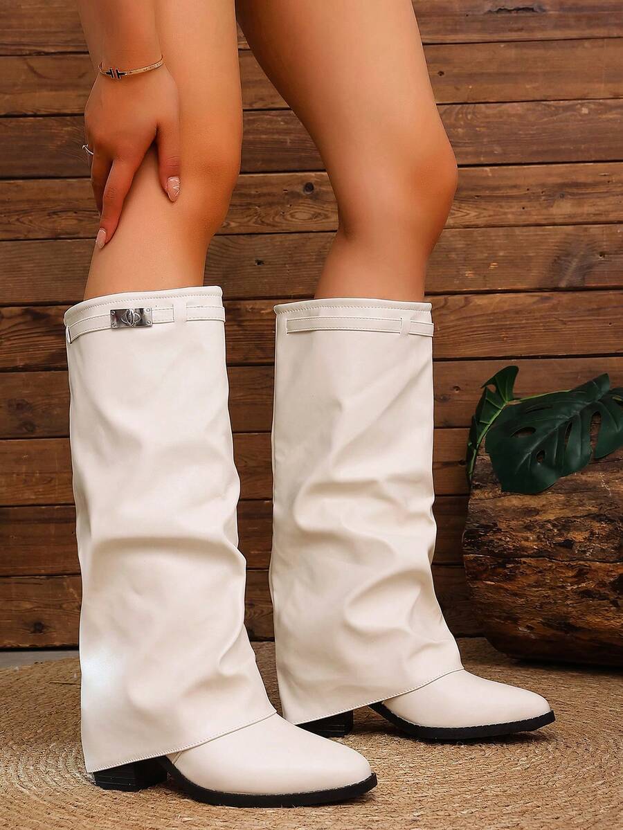 Women's Pleated Loose Boots, Fashion Thick High Heel Pointed Toe Knee-High Dress Boots, Punk Pleated Brown Boots Suitable For Daily, Festival, Versatile,Cowboy Boots Mensa