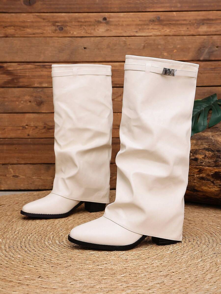 Women's Pleated Loose Boots, Fashion Thick High Heel Pointed Toe Knee-High Dress Boots, Punk Pleated Brown Boots Suitable For Daily, Festival, Versatile,Cowboy Boots Mensa