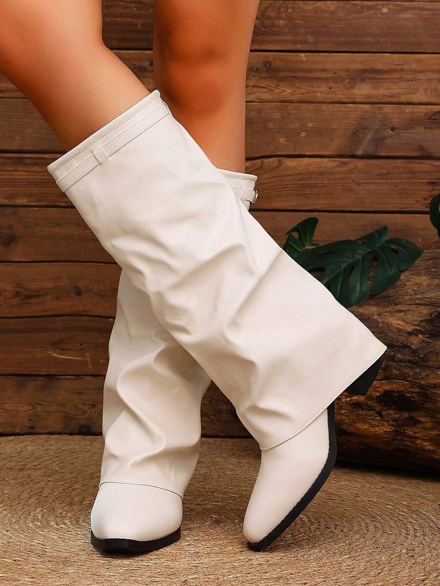 Women's Pleated Loose Boots, Fashion Thick High Heel Pointed Toe Knee-High Dress Boots, Punk Pleated Brown Boots Suitable For Daily, Festival, Versatile,Cowboy Boots Mensa