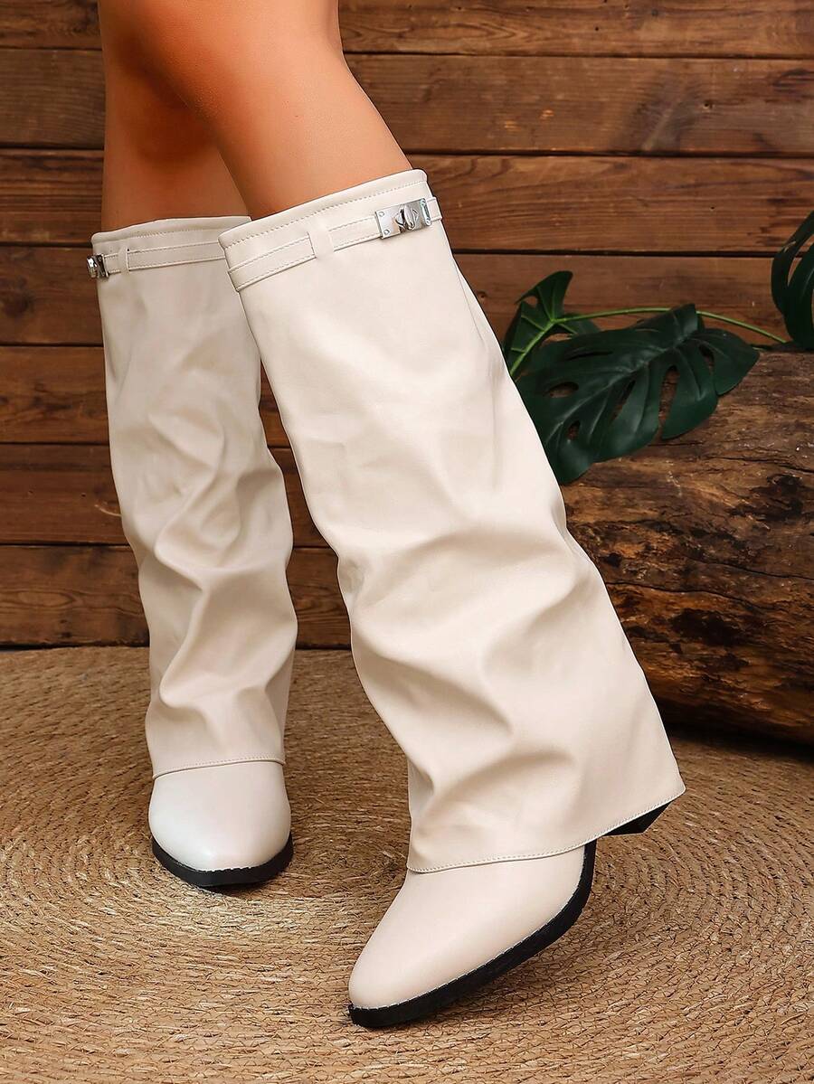 Women's Pleated Loose Boots, Fashion Thick High Heel Pointed Toe Knee-High Dress Boots, Punk Pleated Brown Boots Suitable For Daily, Festival, Versatile,Cowboy Boots Mensa