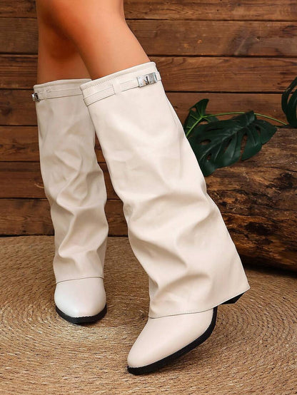 Women's Pleated Loose Boots, Fashion Thick High Heel Pointed Toe Knee-High Dress Boots, Punk Pleated Brown Boots Suitable For Daily, Festival, Versatile,Cowboy Boots Mensa