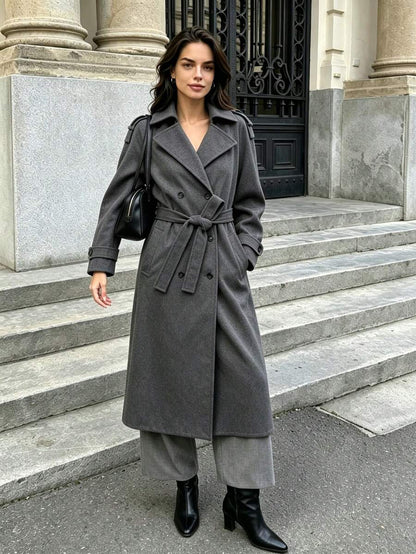 Laurel Double Breasted Belted Long Coat with Peak Lapels - Charcoal Grey