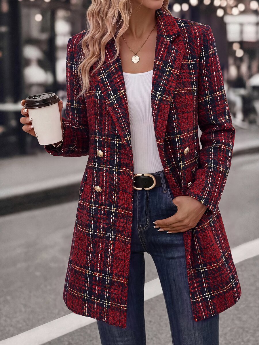 Liesel Double Breasted Thigh Length Coat with Lapel Collar - Red Plaid