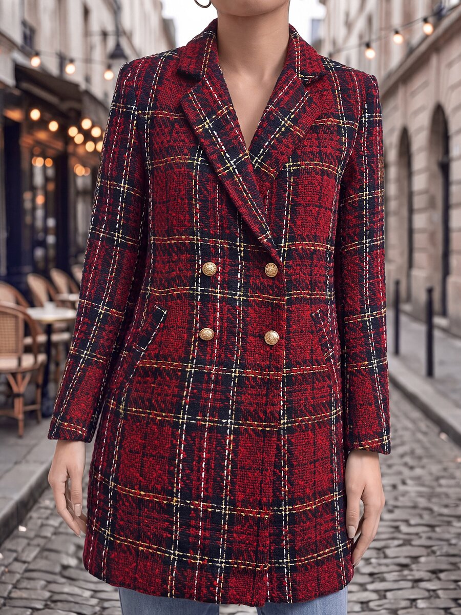 Liesel Double Breasted Thigh Length Coat with Lapel Collar - Red Plaid