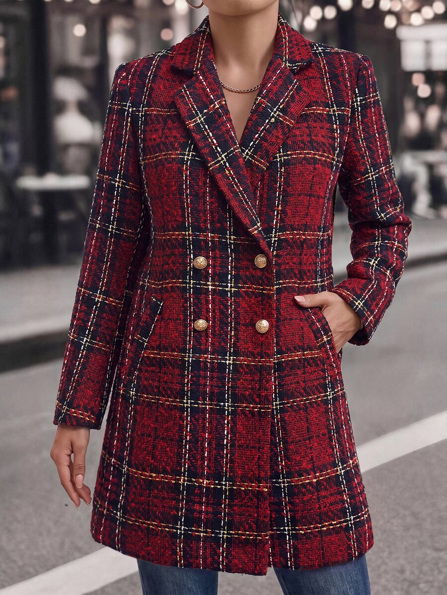 Liesel Double Breasted Thigh Length Coat with Lapel Collar - Red Plaid