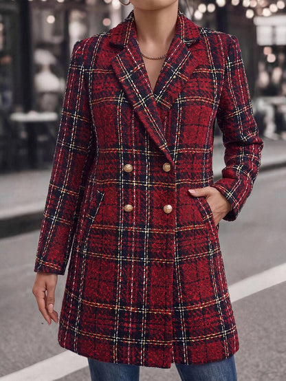 Liesel Double Breasted Thigh Length Coat with Lapel Collar - Red Plaid