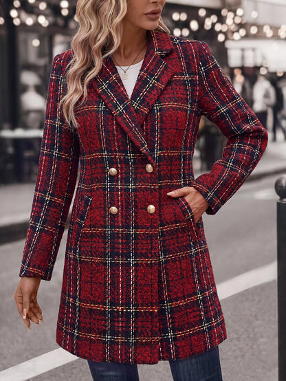 Liesel Double Breasted Thigh Length Coat with Lapel Collar - Red Plaid