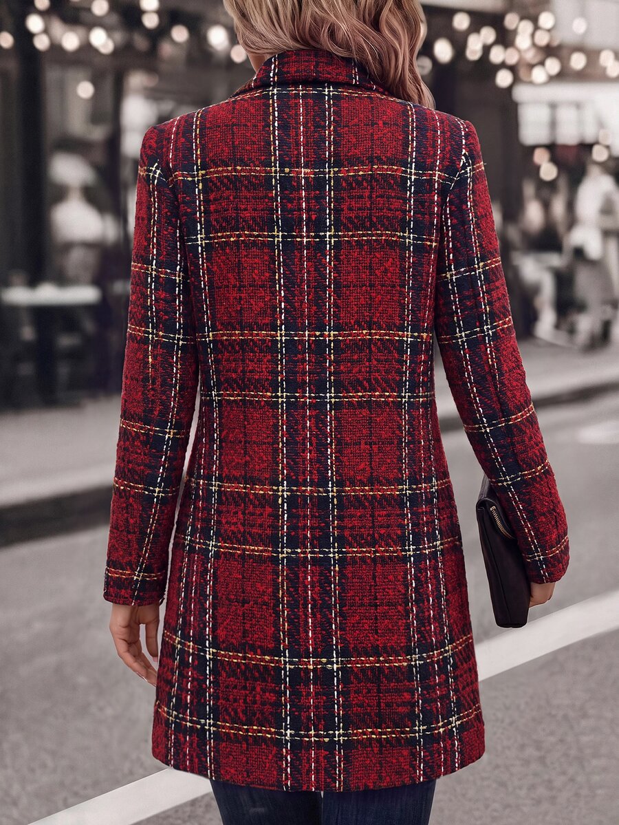 Liesel Double Breasted Thigh Length Coat with Lapel Collar - Red Plaid