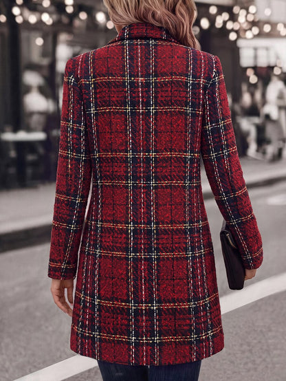 Liesel Double Breasted Thigh Length Coat with Lapel Collar - Red Plaid