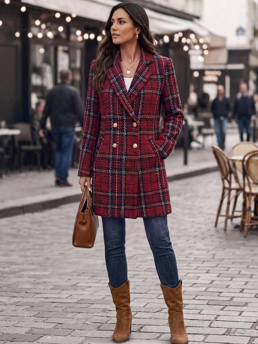 Liesel Double Breasted Thigh Length Coat with Lapel Collar - Red Plaid