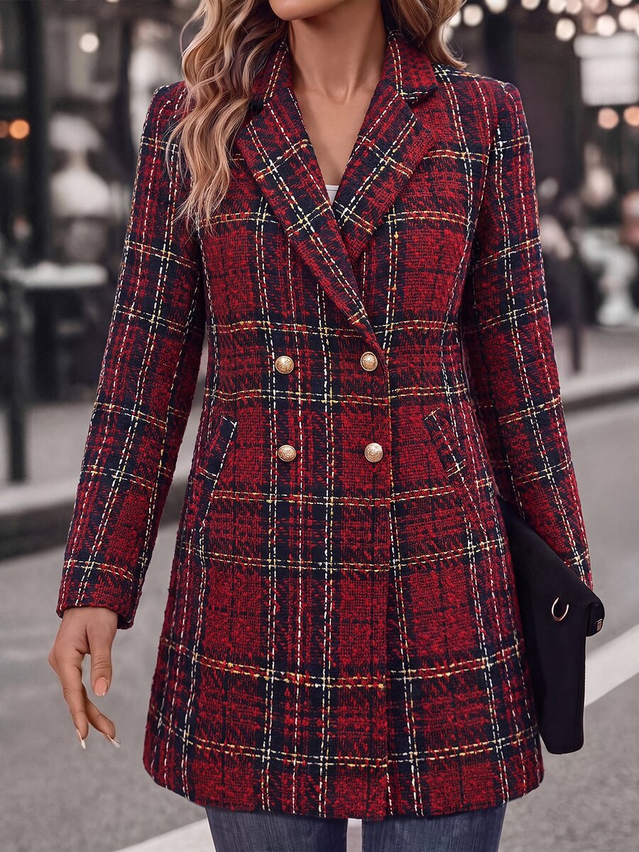 Liesel Double Breasted Thigh Length Coat with Lapel Collar - Red Plaid