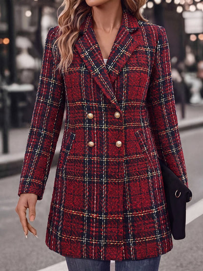 Liesel Double Breasted Thigh Length Coat with Lapel Collar - Red Plaid