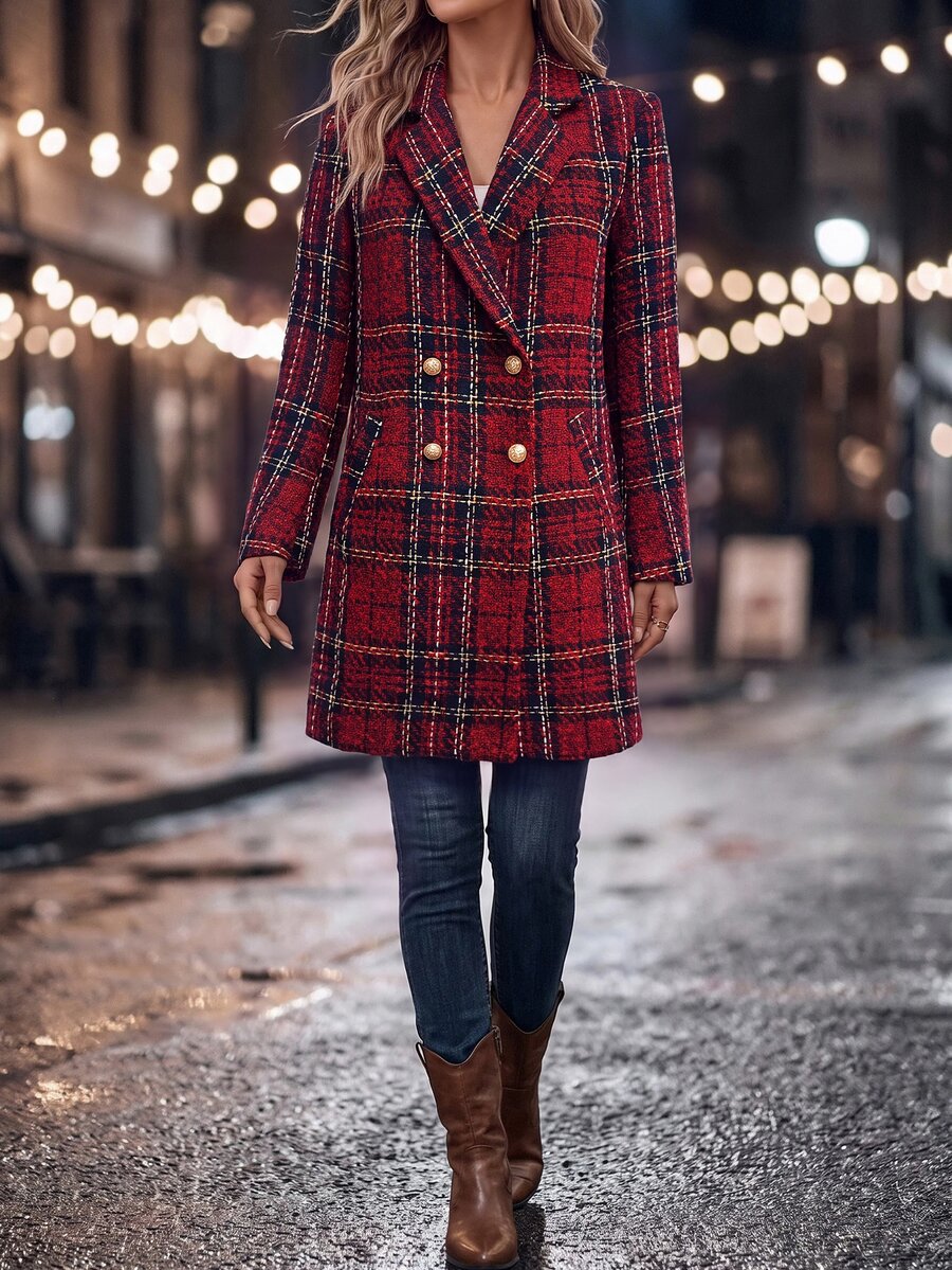 Liesel Double Breasted Thigh Length Coat with Lapel Collar - Red Plaid