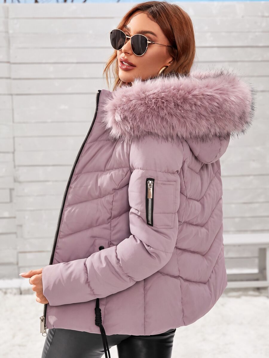 Blythe Faux Fur Trim Hooded Puffer Coat with Zip Front - Mauve