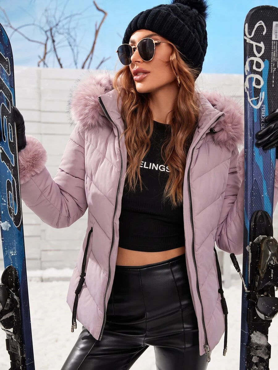 Blythe Faux Fur Trim Hooded Puffer Coat with Zip Front - Mauve