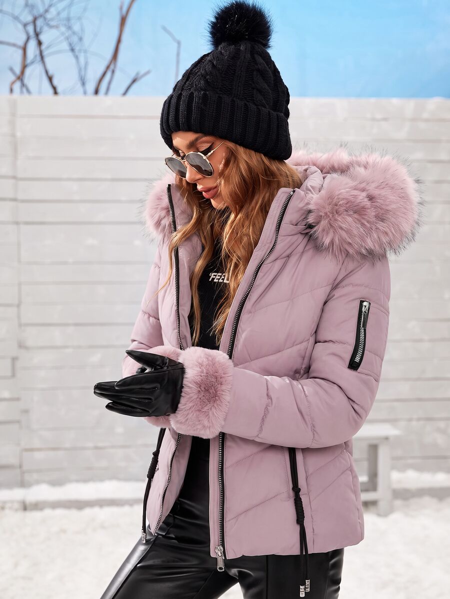Blythe Faux Fur Trim Hooded Puffer Coat with Zip Front - Mauve