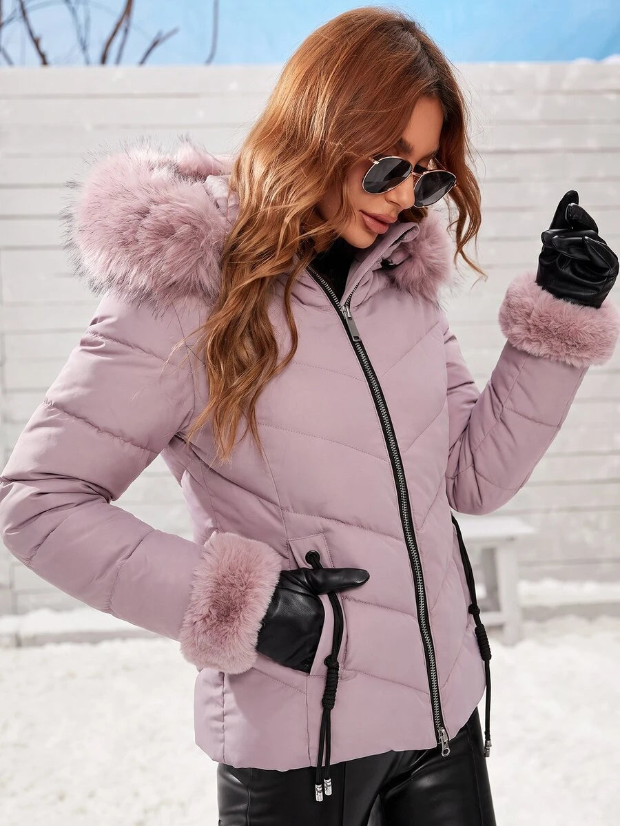 Blythe Faux Fur Trim Hooded Puffer Coat with Zip Front - Mauve