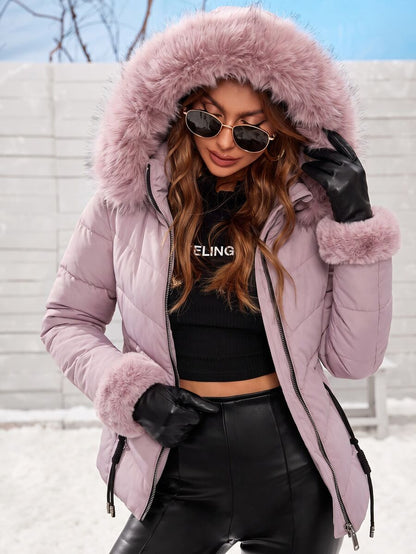 Blythe Faux Fur Trim Hooded Puffer Coat with Zip Front - Mauve