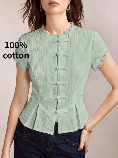 Mirabel Lace Trim Frog Button Short Sleeve Cotton Blouse - Sage Green