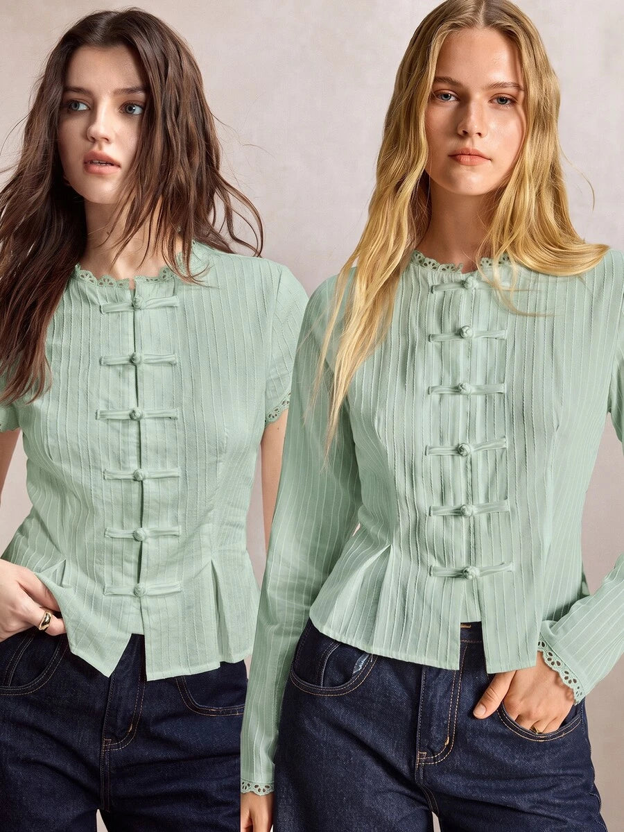 Mirabel Lace Trim Frog Button Short Sleeve Cotton Blouse - Sage Green