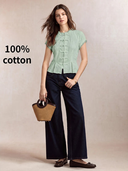 Mirabel Lace Trim Frog Button Short Sleeve Cotton Blouse - Sage Green