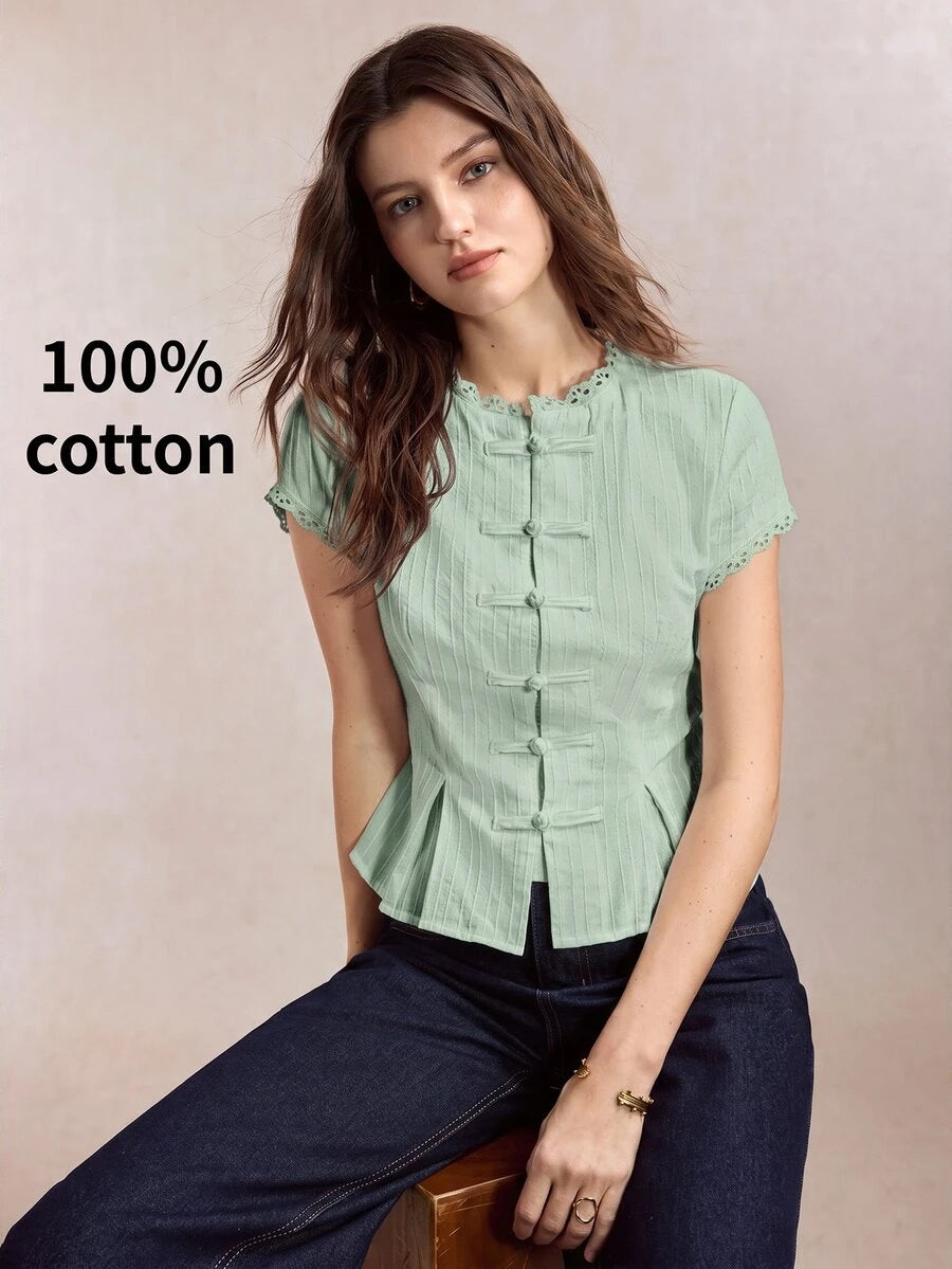 Mirabel Lace Trim Frog Button Short Sleeve Cotton Blouse - Sage Green