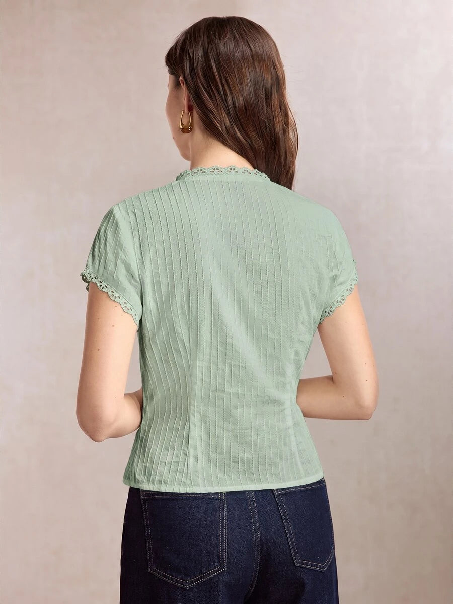 Mirabel Lace Trim Frog Button Short Sleeve Cotton Blouse - Sage Green