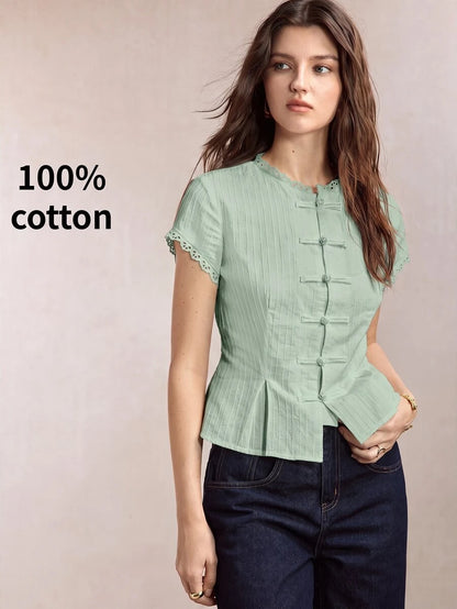 Mirabel Lace Trim Frog Button Short Sleeve Cotton Blouse - Sage Green