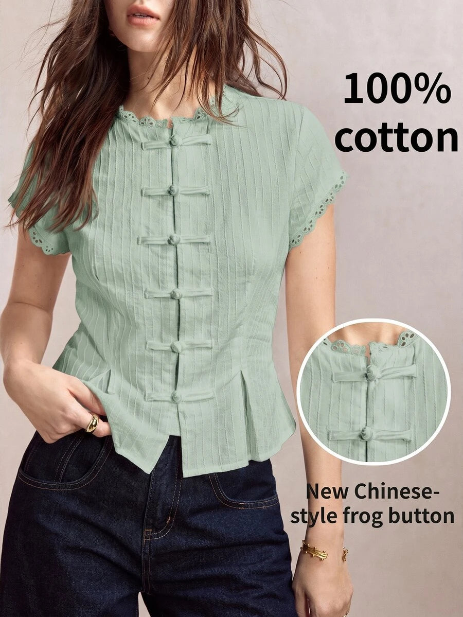Mirabel Lace Trim Frog Button Short Sleeve Cotton Blouse - Sage Green