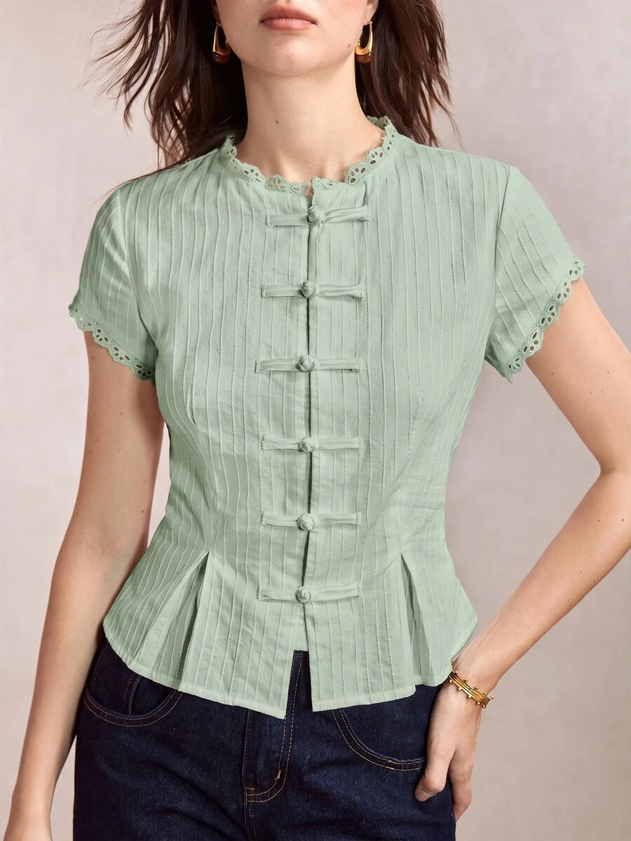 Mirabel Lace Trim Frog Button Short Sleeve Cotton Blouse - Sage Green