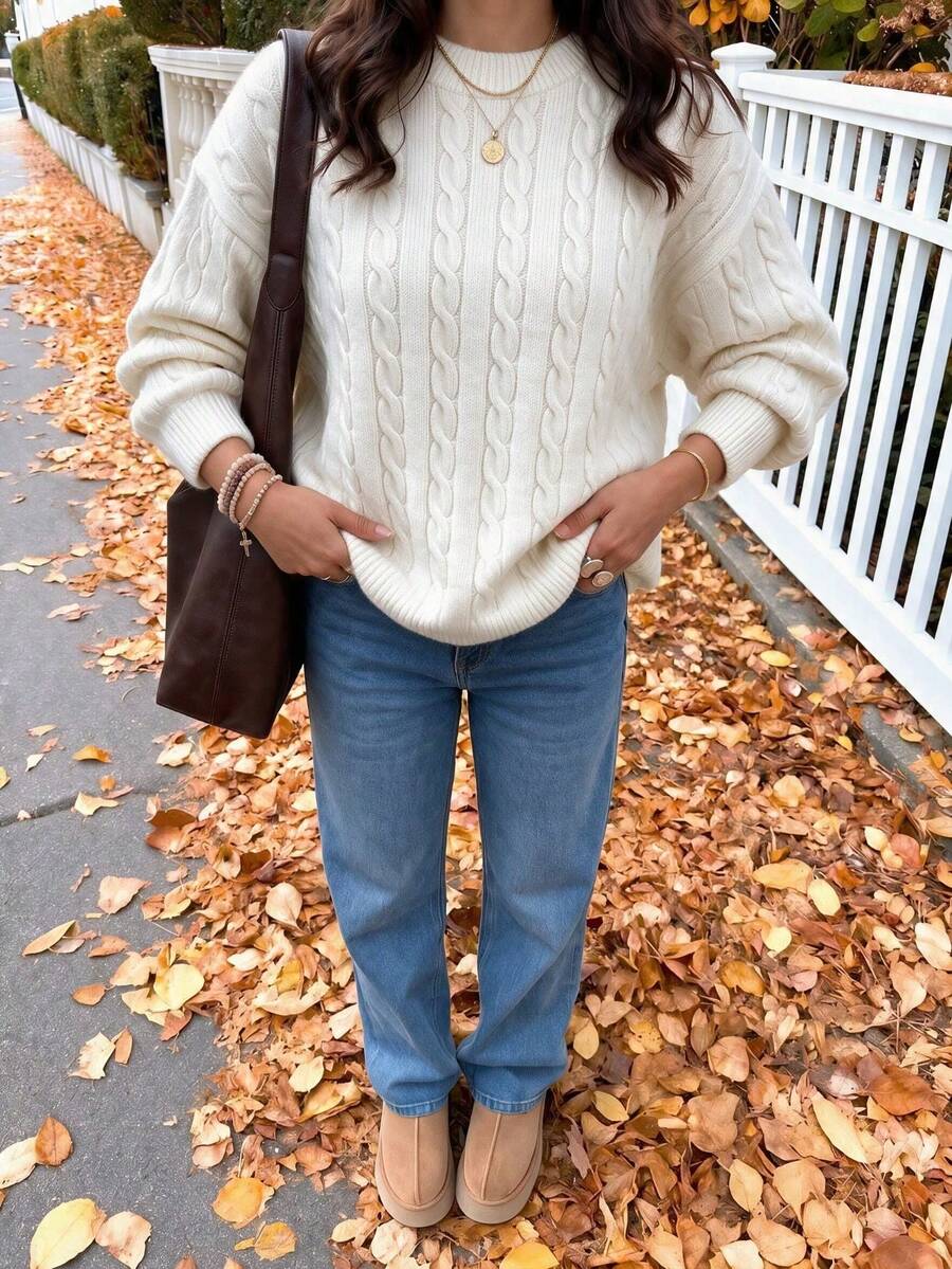 Marlowe Chunky Cable Knit Sweater Loose Crew Neck Pullover - Ivory