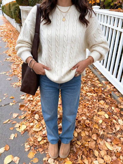 Marlowe Chunky Cable Knit Sweater Loose Crew Neck Pullover - Ivory