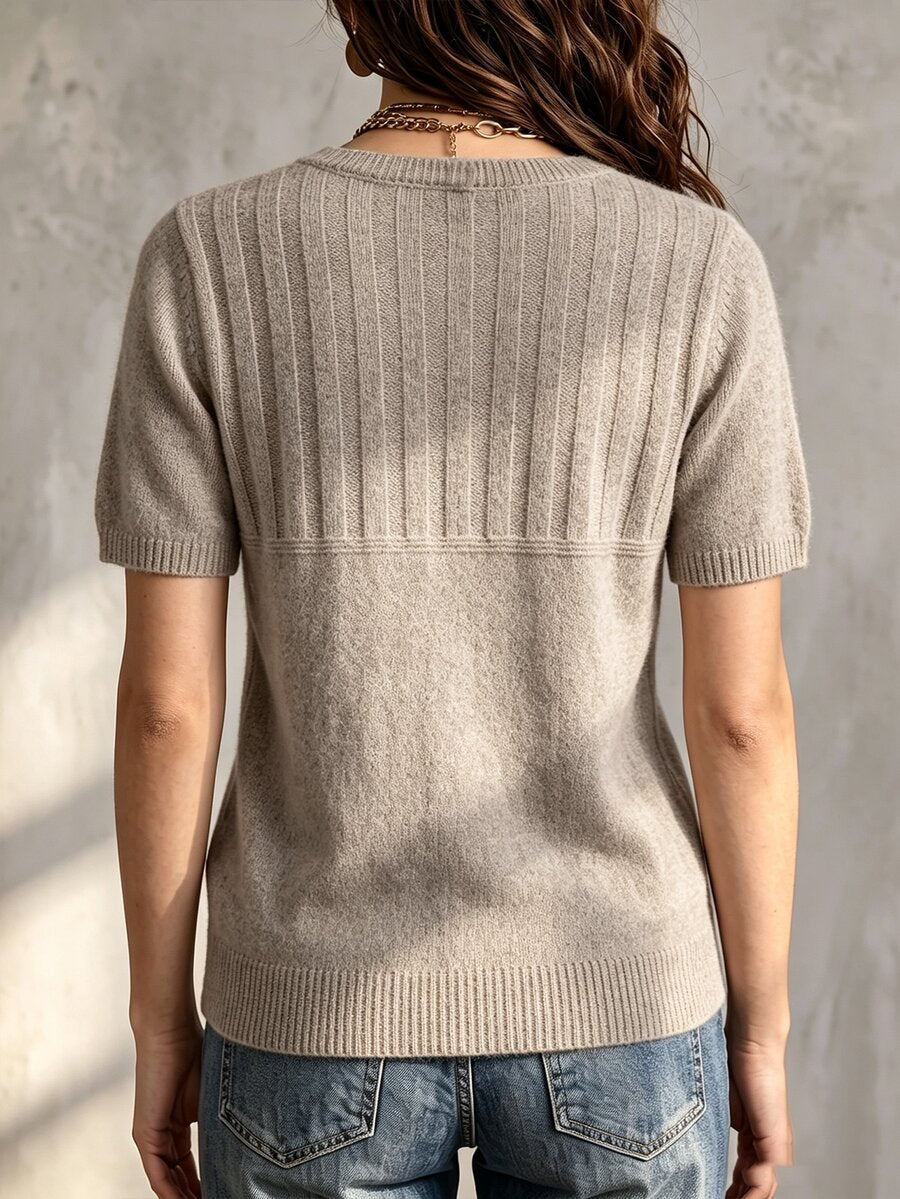 Marielle Textured Knit Half-Button Short Sleeve Sweater Top - Taupe