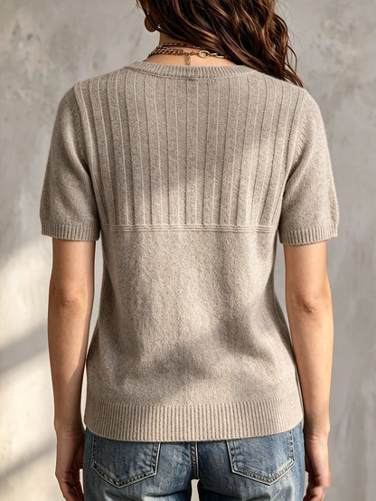Marielle Textured Knit Half-Button Short Sleeve Sweater Top - Taupe