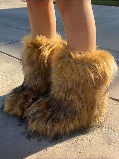 Women's Winter Furry Snow Boots Fuzzy Fluffy Round Toe Suede Booties Flat Heel Slip On Outdoor Indoor Shoes Fashion Warm Fluffy Shoes Mensa