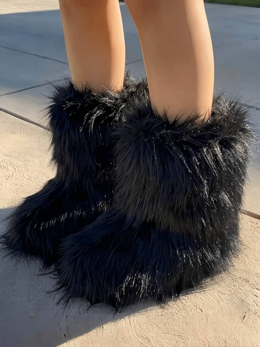 Women's Winter Furry Snow Boots Fuzzy Fluffy Round Toe Suede Booties Flat Heel Slip On Outdoor Indoor Shoes Fashion Warm Fluffy Shoes Mensa